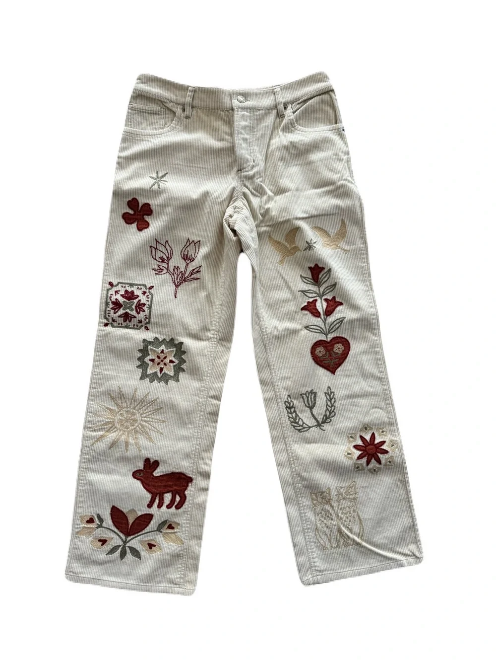 NWT Women's Free People Corduroy Embroidered Cream WideLeg Women’s Jeans Size 28 - Picture 2 of 8